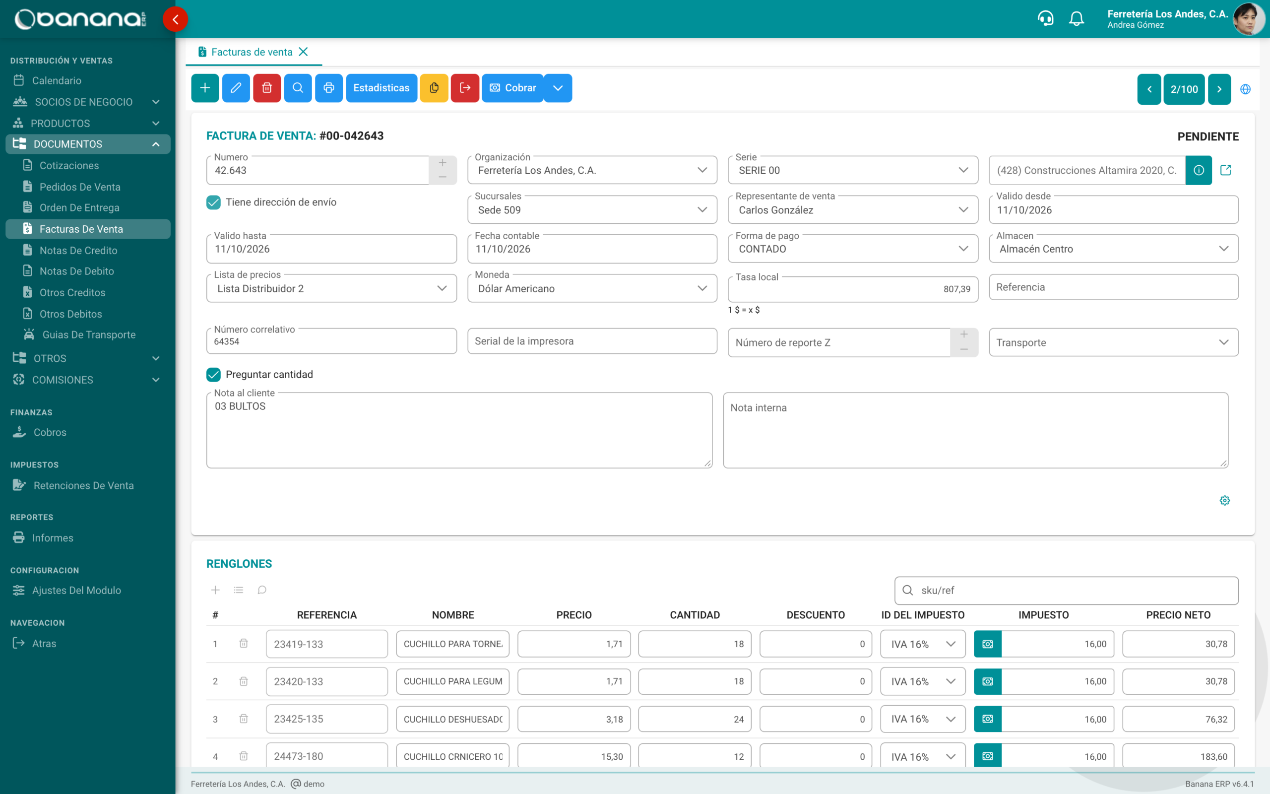 Factura de venta con datos del cliente, moneda y renglones de productos